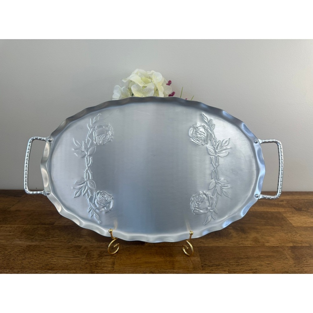 Vintage Aluminum Rose Serving Tray Large Oval Handled Floral Platter Silver Tone